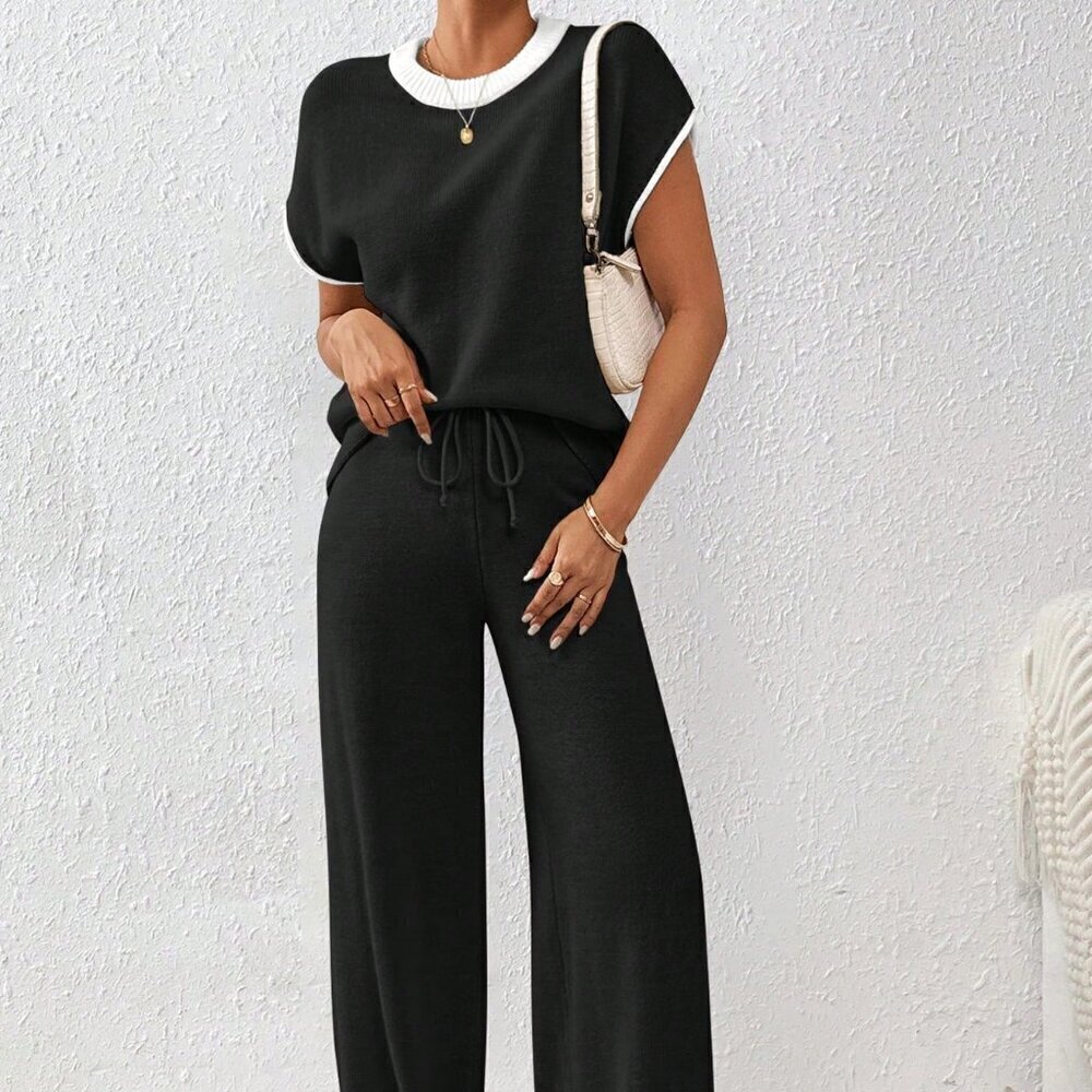 Black Preppy Women's Loose Knit Casual Contrast Trim Drawstring Sweater & Pants